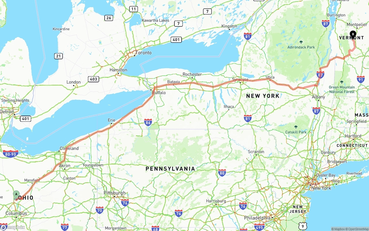 Shipping route from Ohio to Vermont