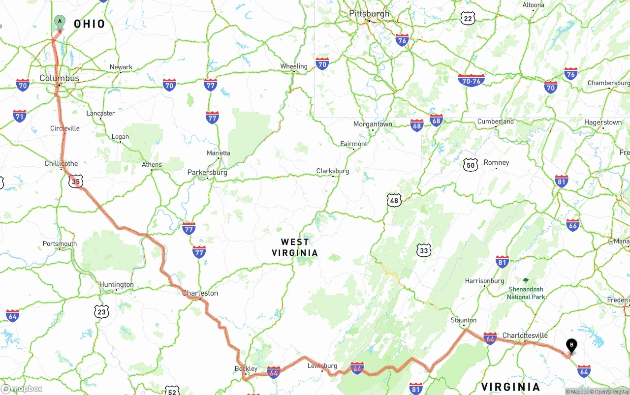 Shipping route from Ohio to Virginia