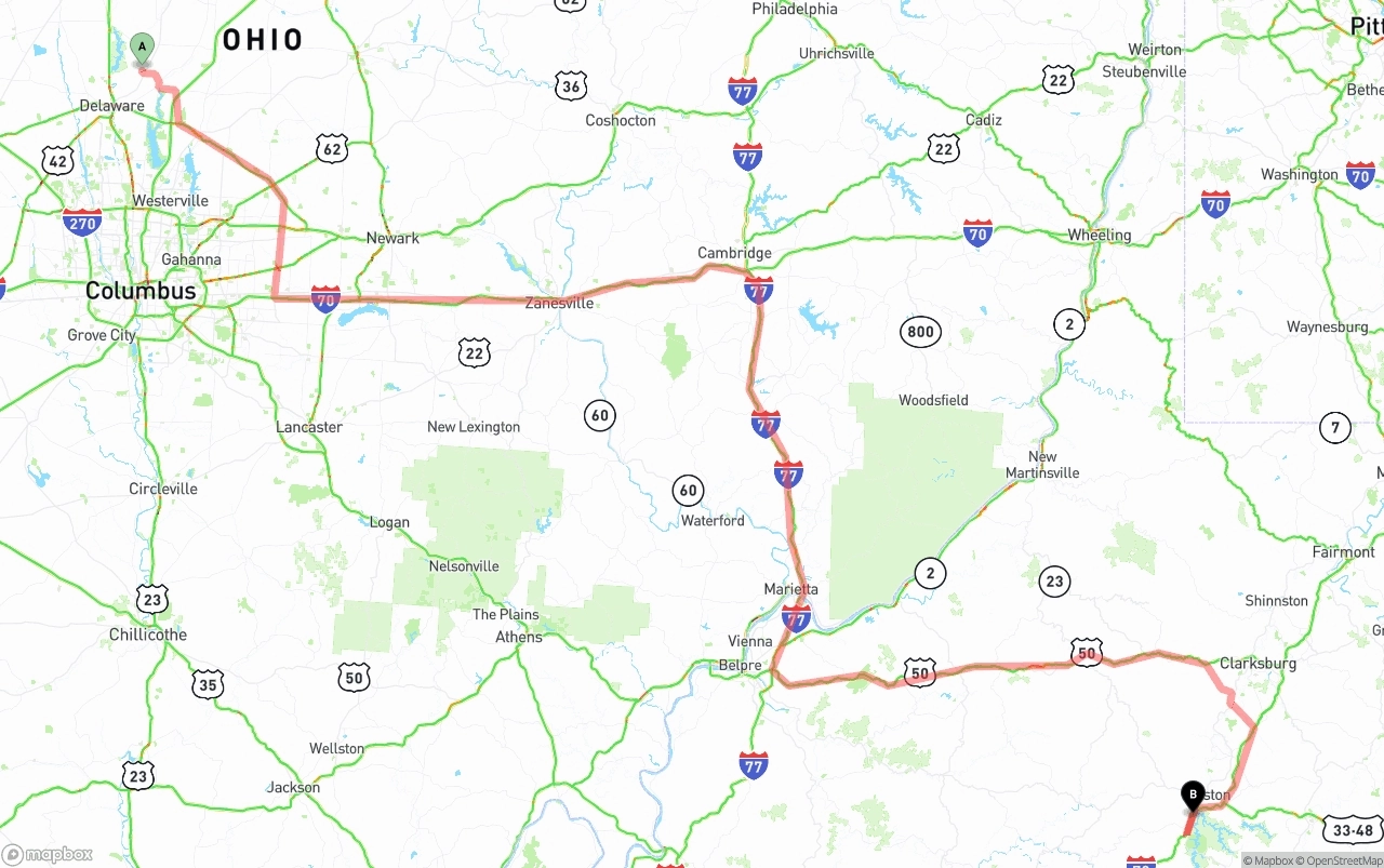 Shipping route from Ohio to West Virginia