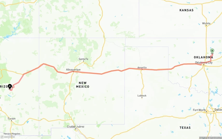 Oklahoma to Arizona freight shipping route map