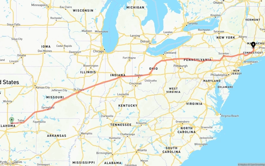 Oklahoma to Bradley International Airport freight shipping route map