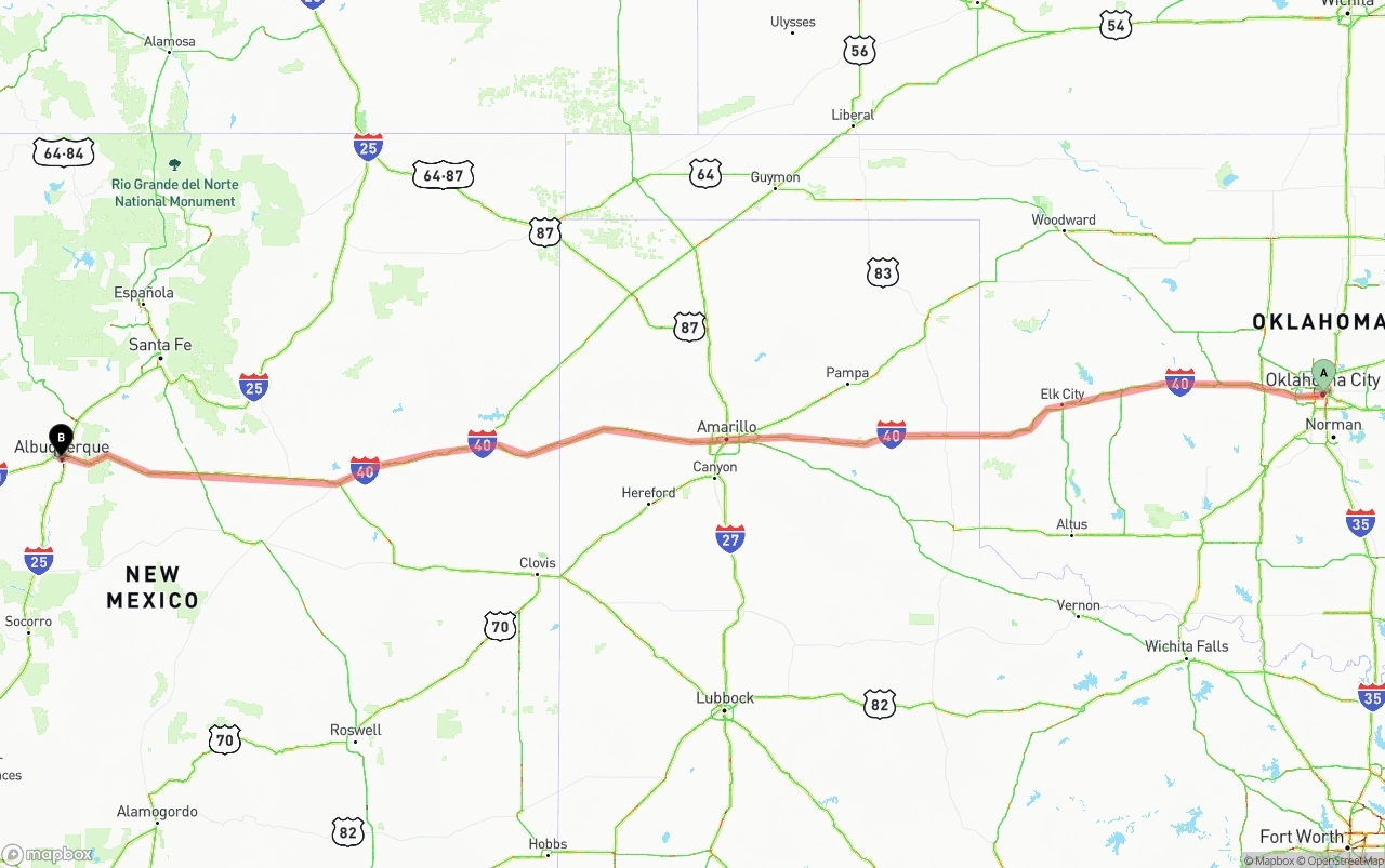 Shipping route from Oklahoma City to Albuquerque