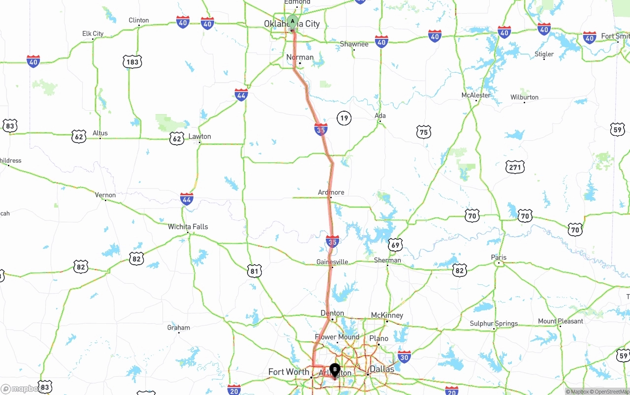 Shipping route from Oklahoma City to Arlington