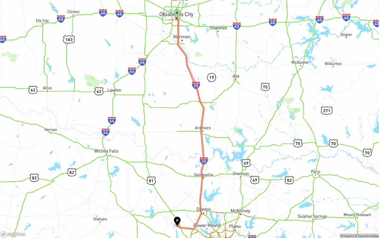 Shipping route from Oklahoma City to Aurora