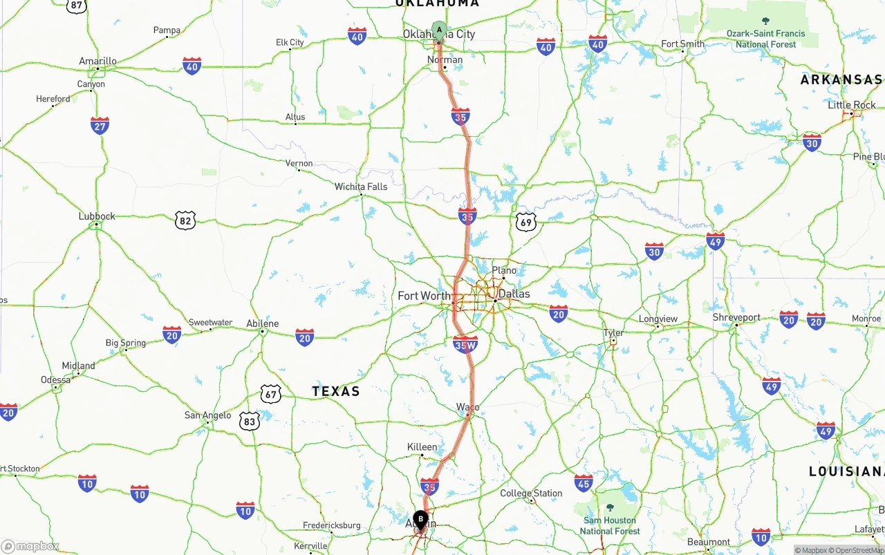 Shipping route from Oklahoma City to Austin