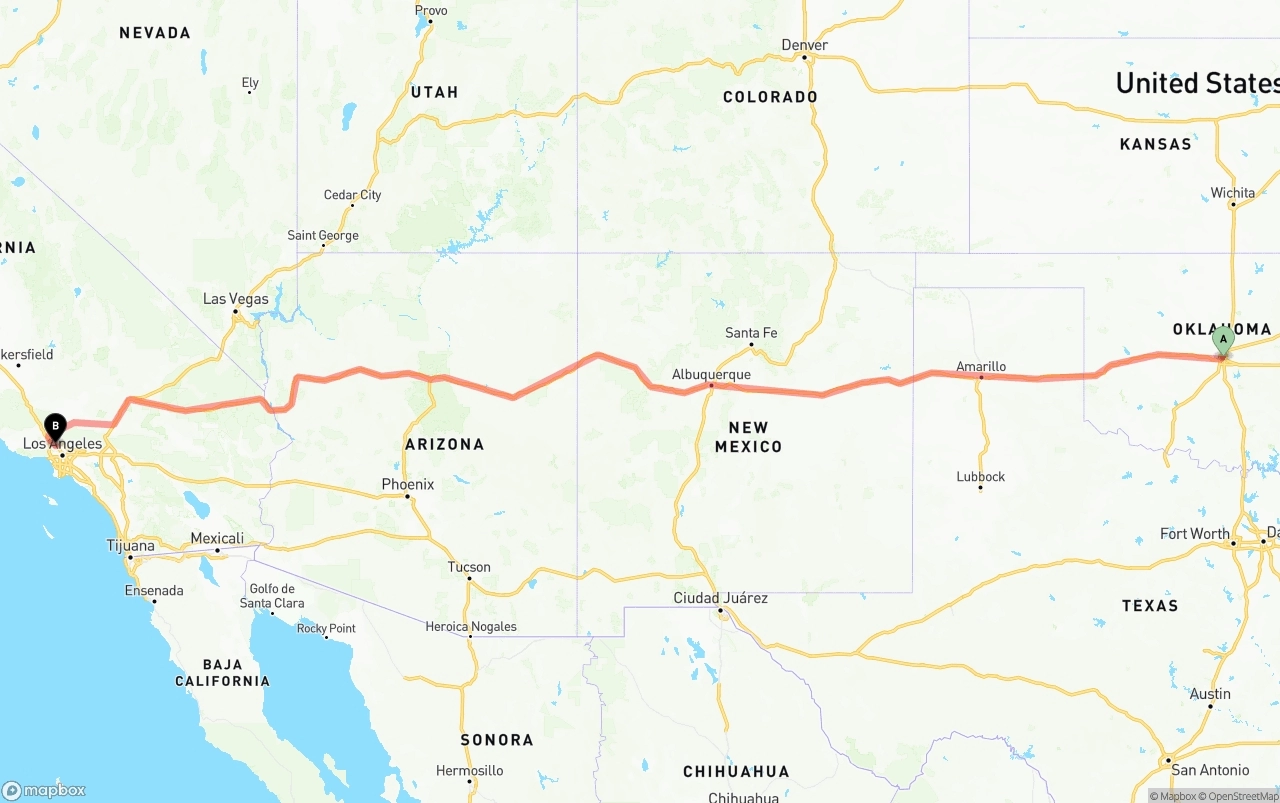 Shipping route from Oklahoma City to Bob Hope Airport