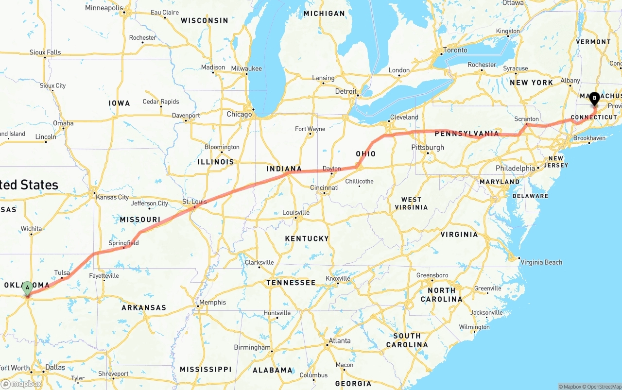 Shipping route from Oklahoma City to Bradley International Airport