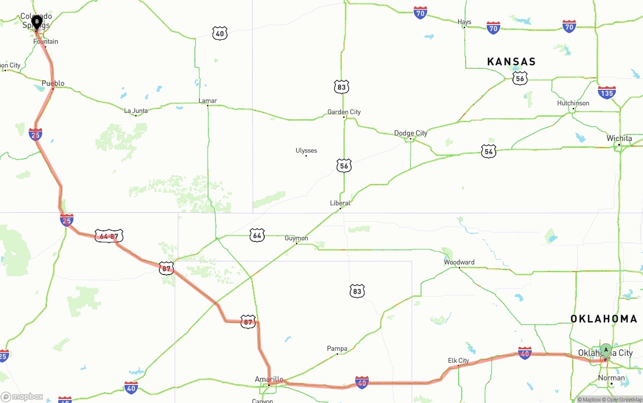 Shipping route from Oklahoma City to Colorado Springs