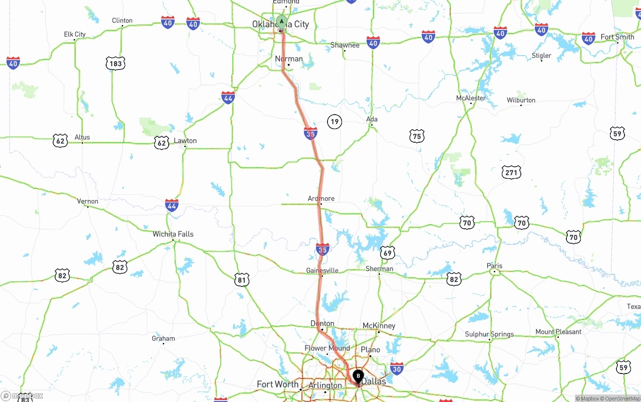 Shipping route from Oklahoma City to Dallas