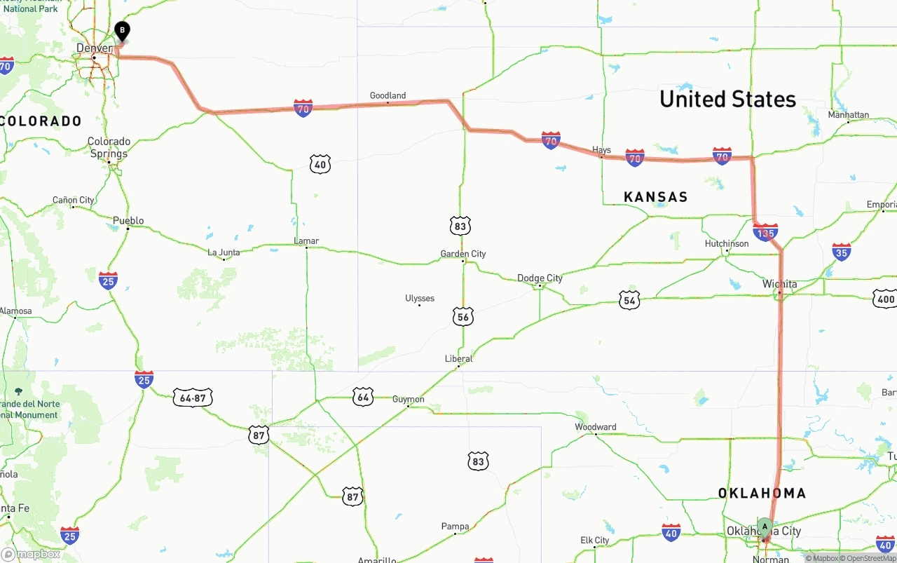 Shipping route from Oklahoma City to Denver International Airport