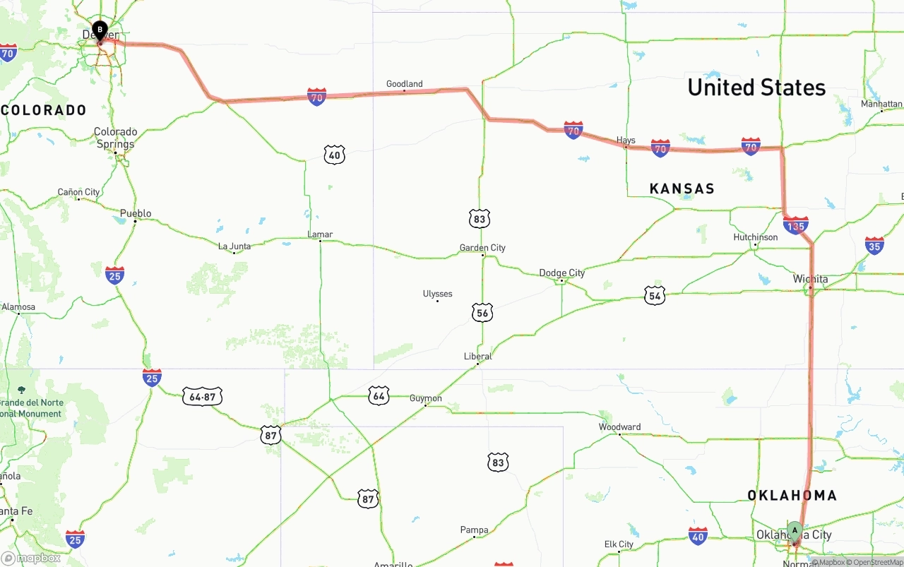 Shipping route from Oklahoma City to Denver