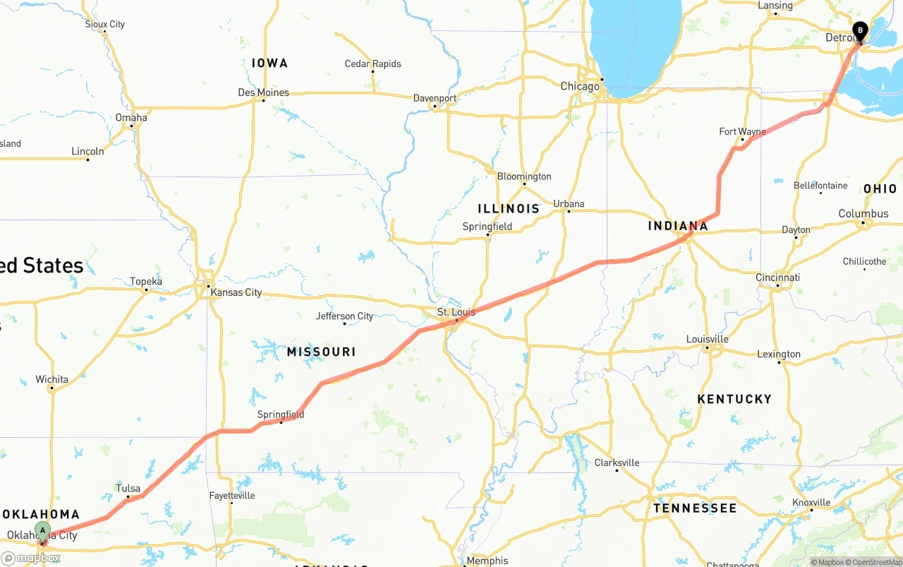 Shipping route from Oklahoma City to Detroit