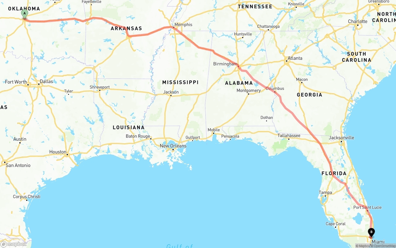 Shipping route from Oklahoma City to Fort Lauderdale-Hollywood International Airport