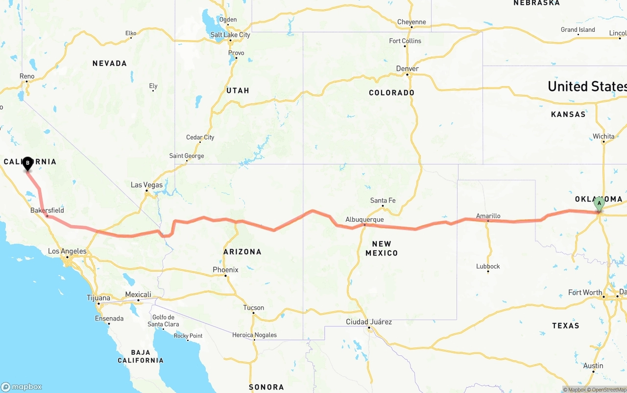 Shipping route from Oklahoma City to Fresno