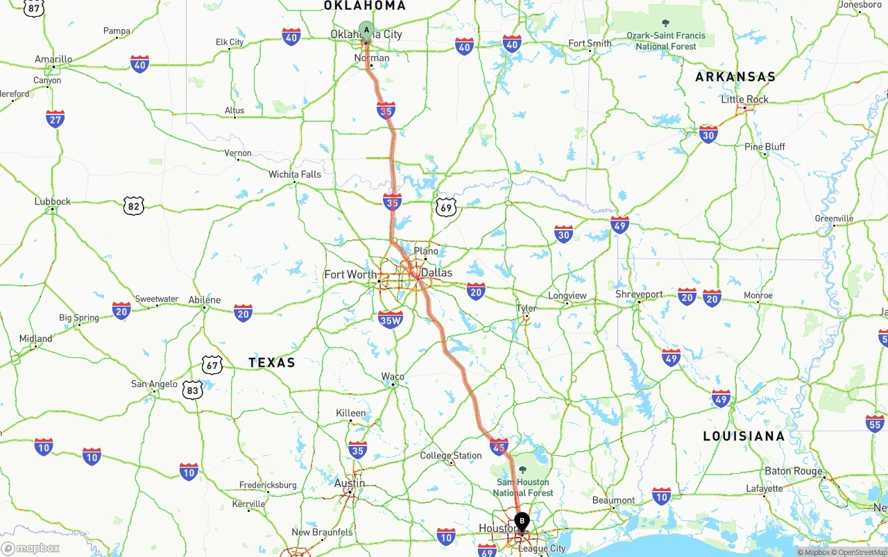 Shipping route from Oklahoma City to Houston