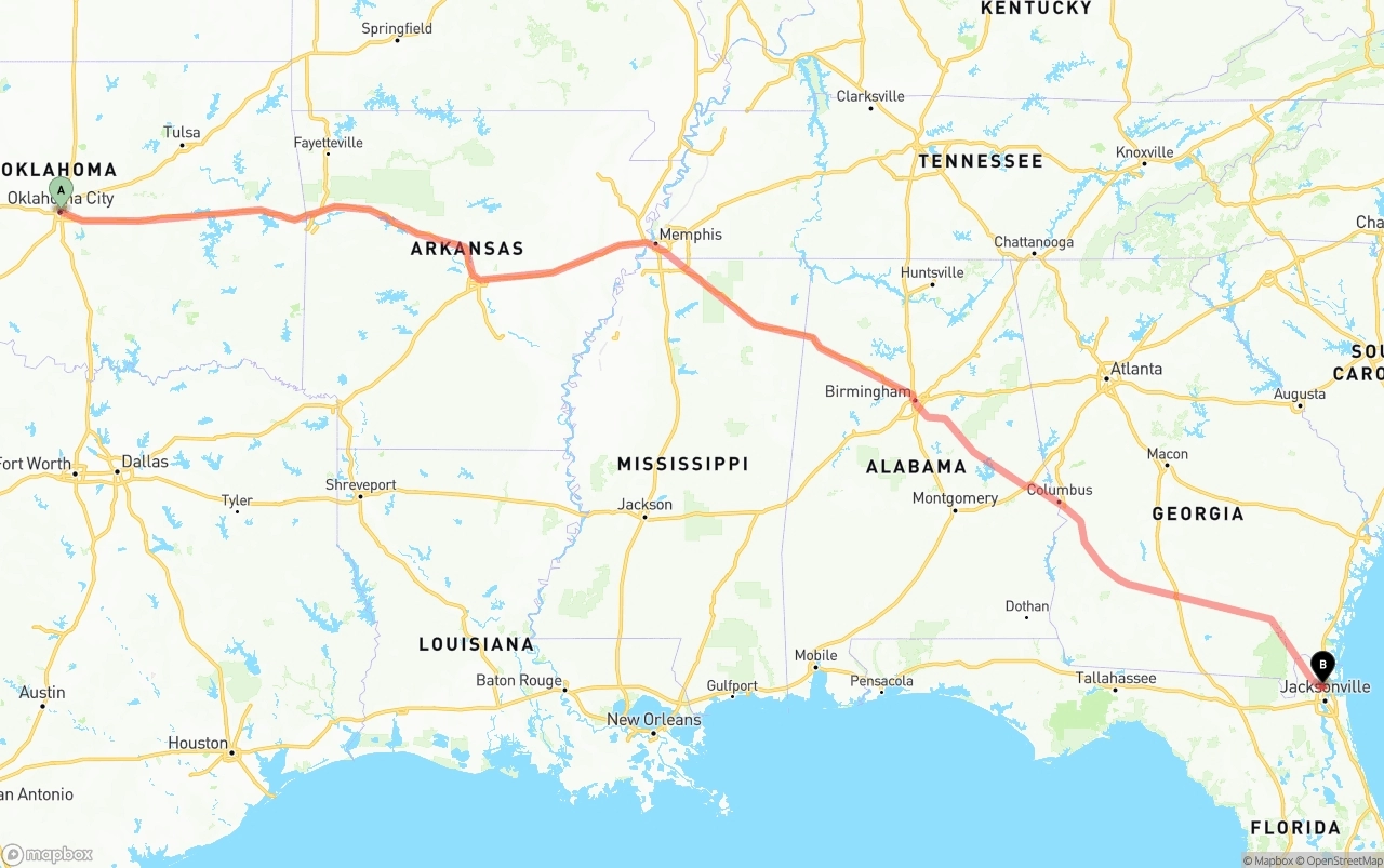 Shipping route from Oklahoma City to Jacksonville International Airport