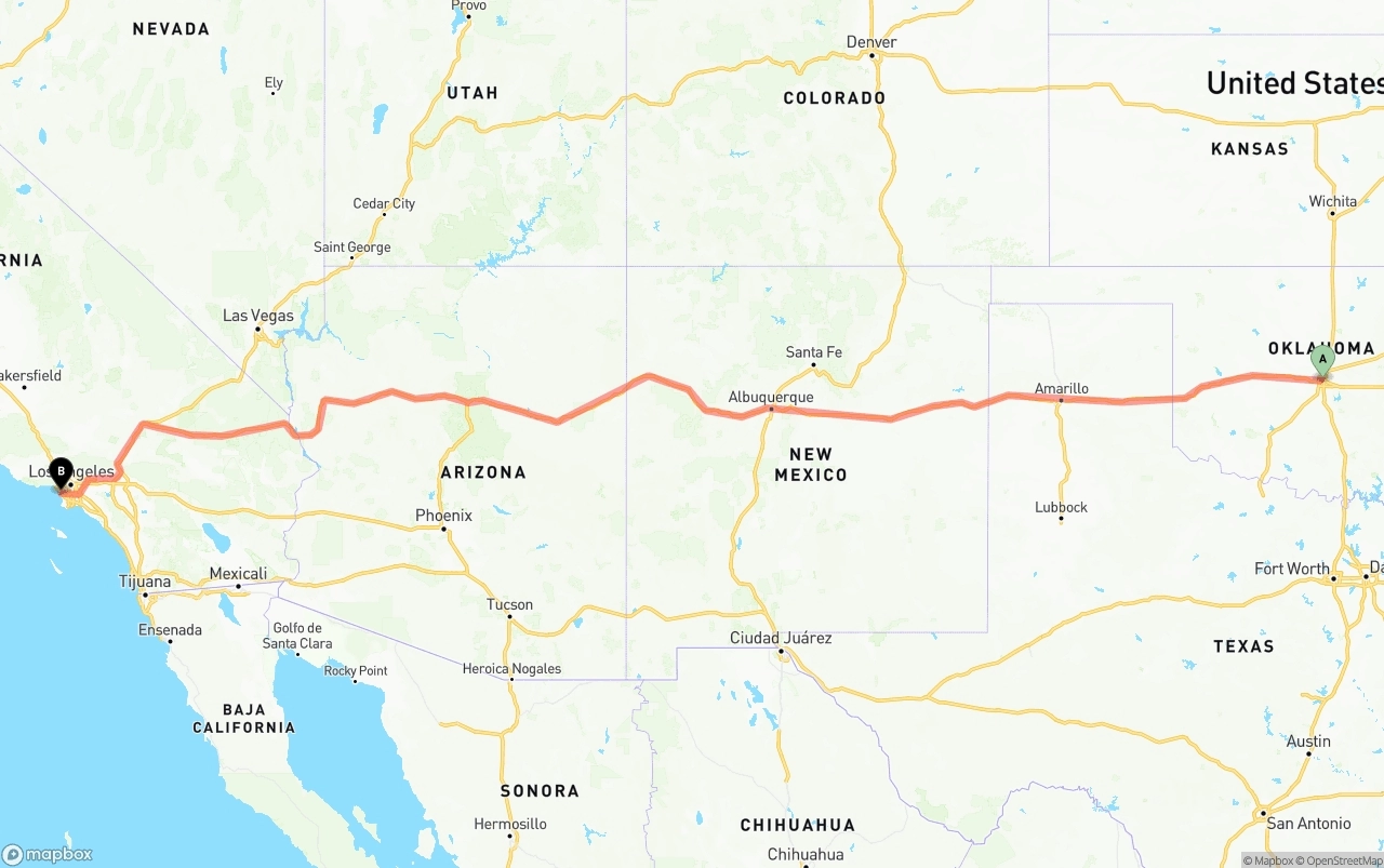 Shipping route from Oklahoma City to Los Angeles International Airport