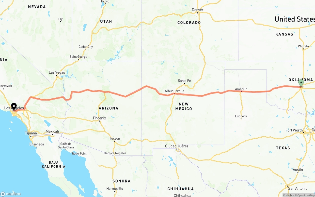 Shipping route from Oklahoma City to Los Angeles