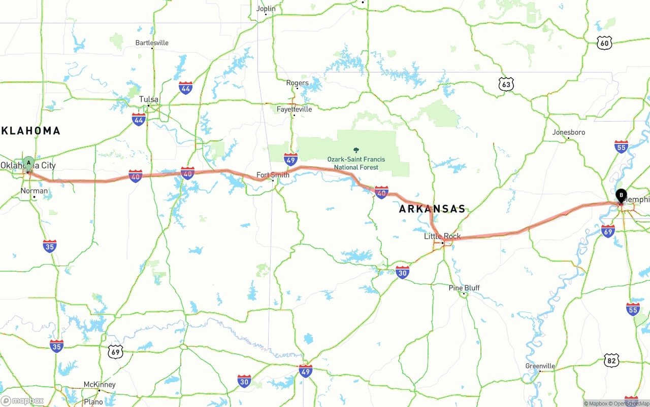 Shipping route from Oklahoma City to Memphis