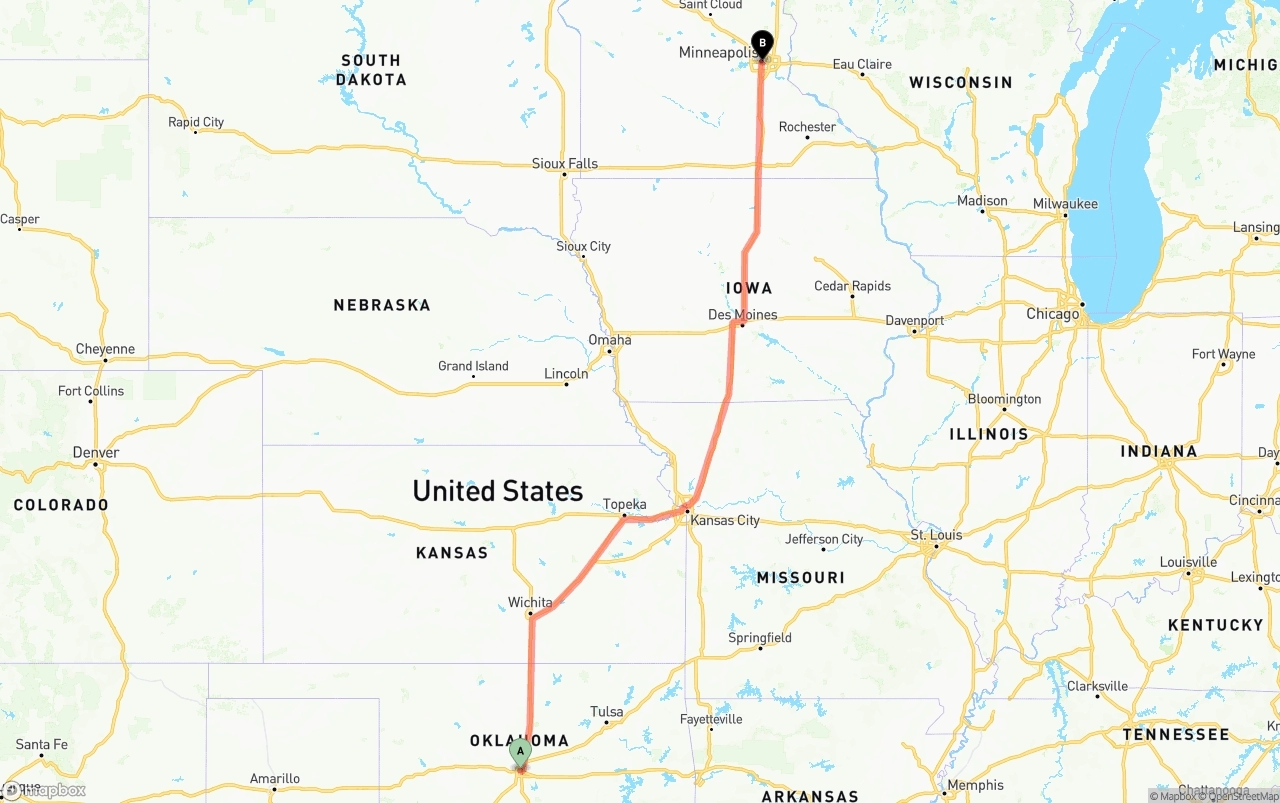 Shipping route from Oklahoma City to Minneapolis