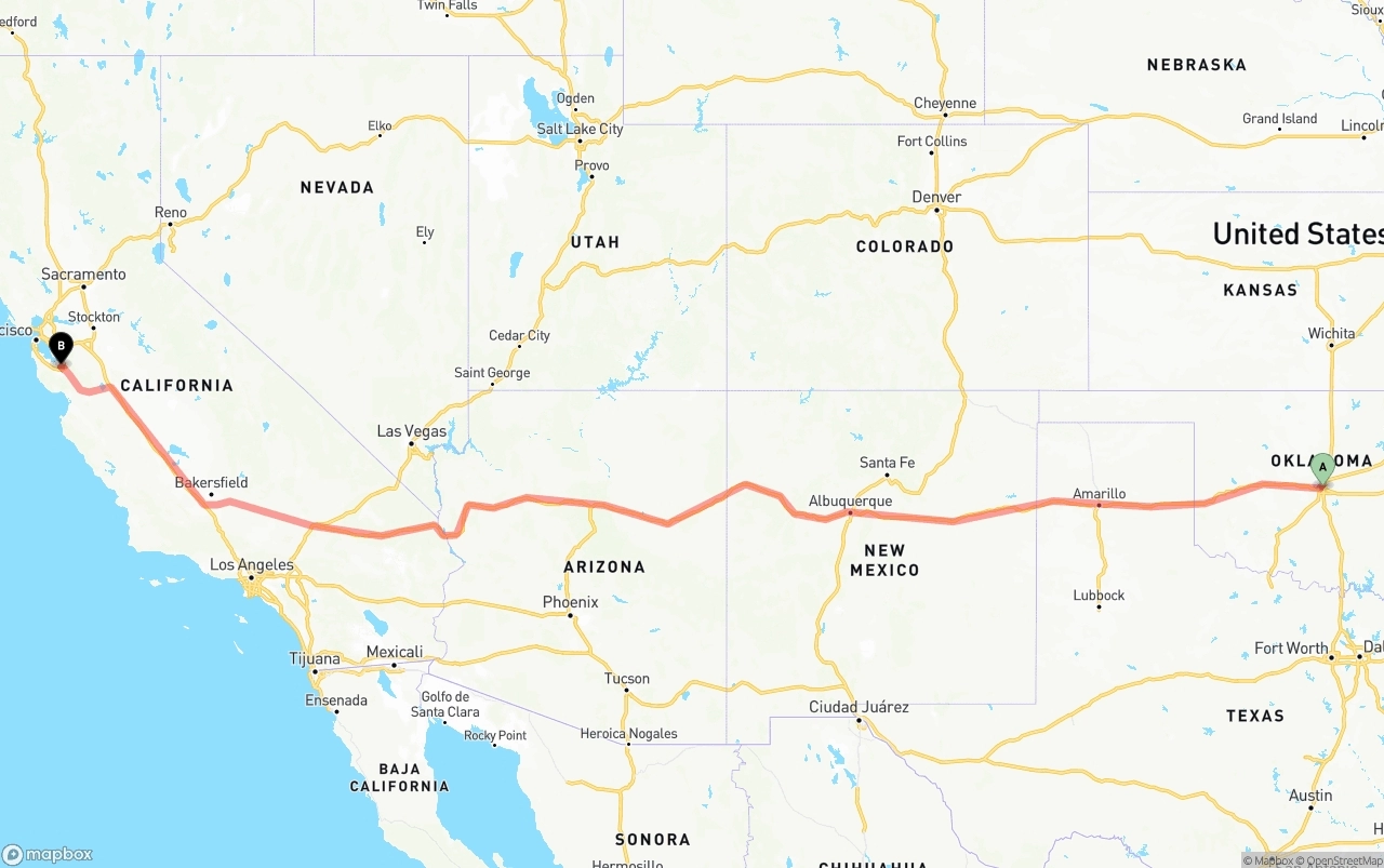 Shipping route from Oklahoma City to Norman Y. Mineta San Jose International Airport