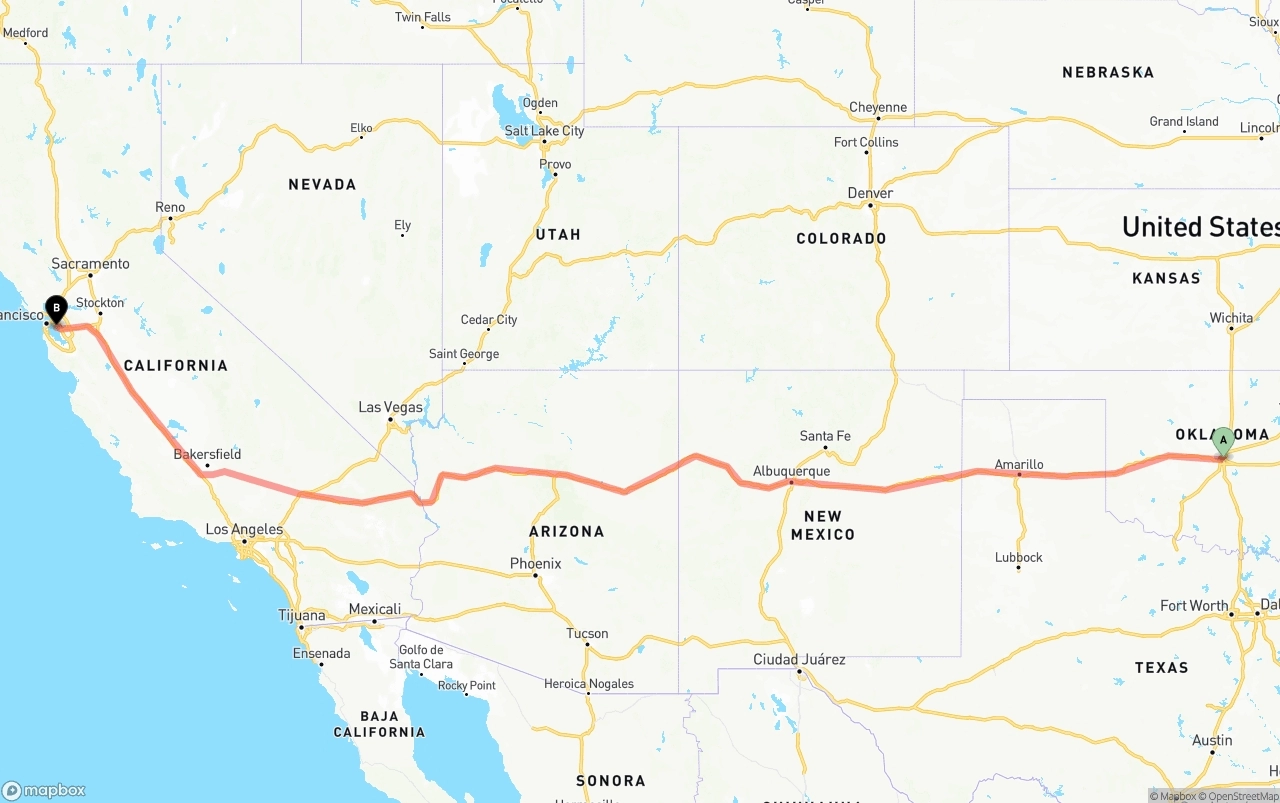 Shipping route from Oklahoma City to Oakland International Airport