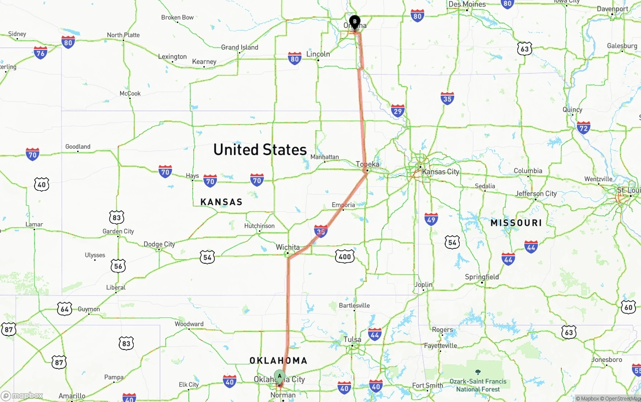 Shipping route from Oklahoma City to Omaha