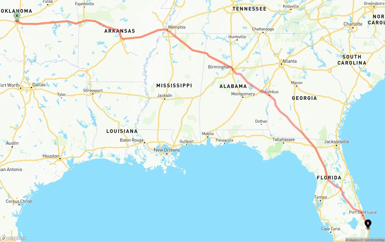 Shipping route from Oklahoma City to Palm Beach International Airport