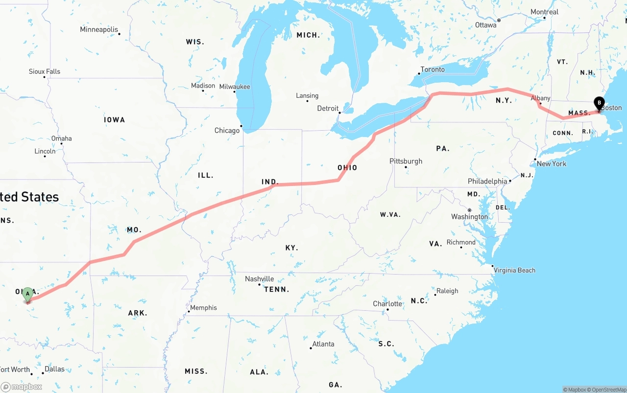 Shipping route from Oklahoma City to Port of Boston