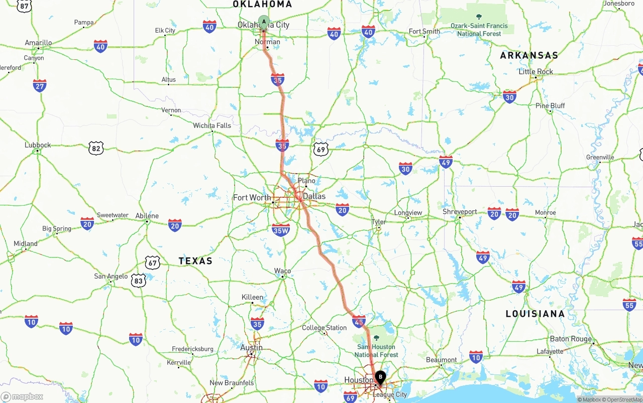 Shipping route from Oklahoma City to Port of Houston