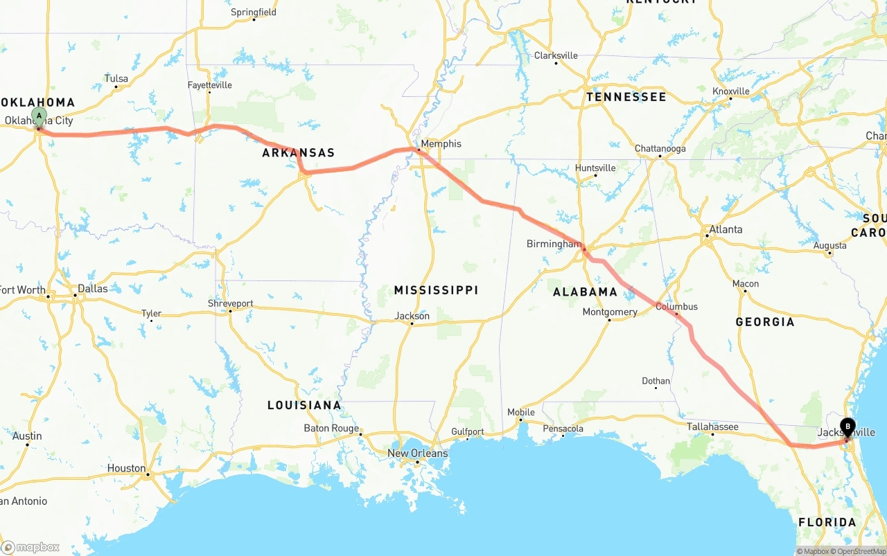 Shipping route from Oklahoma City to Port of Jacksonville
