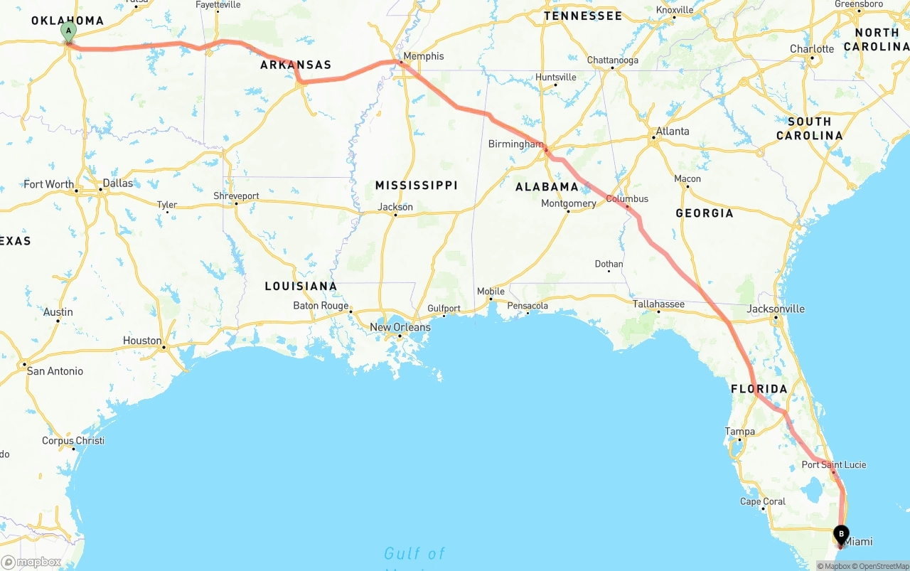 Shipping route from Oklahoma City to Port of Miami