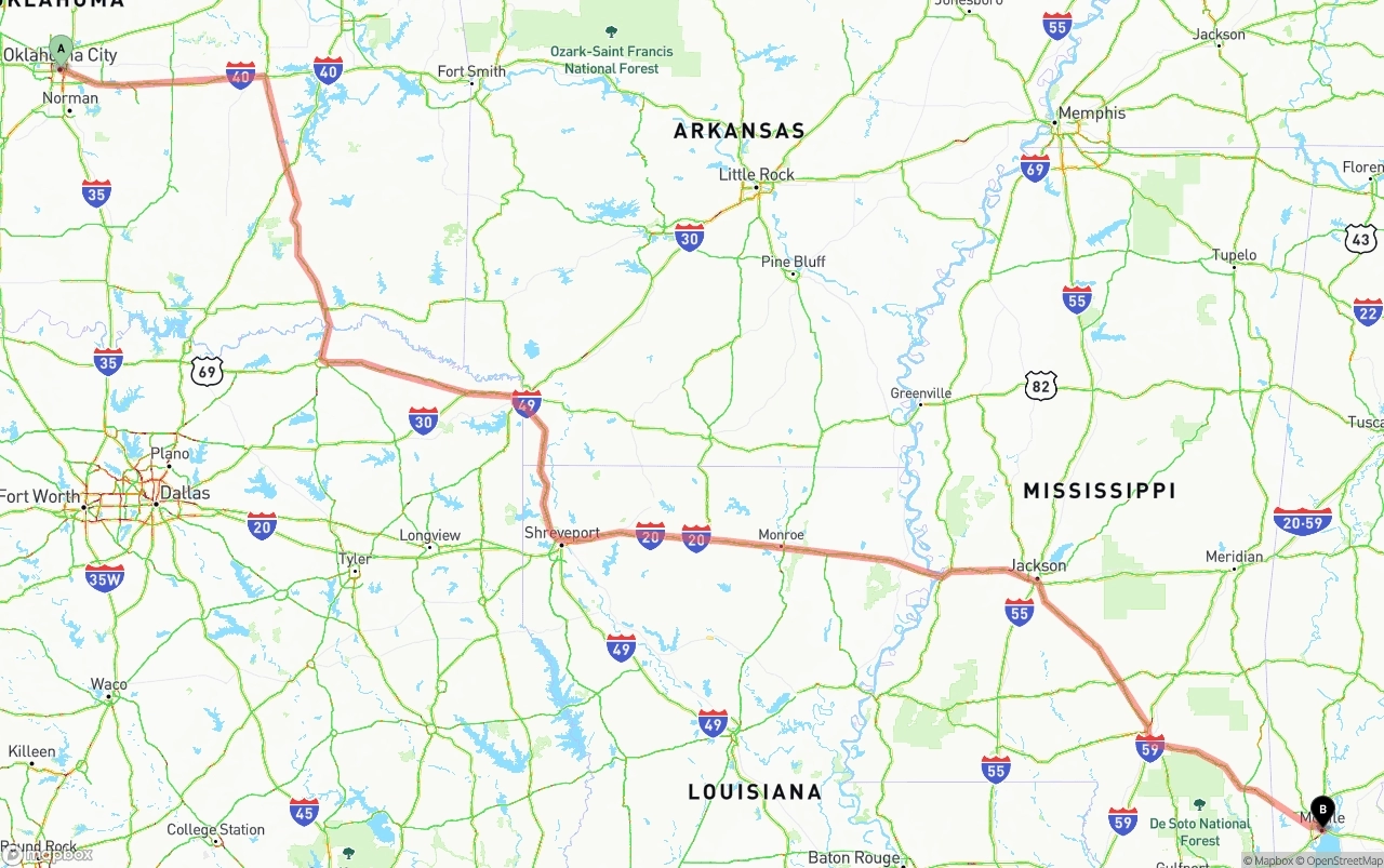 Shipping route from Oklahoma City to Port of Mobile