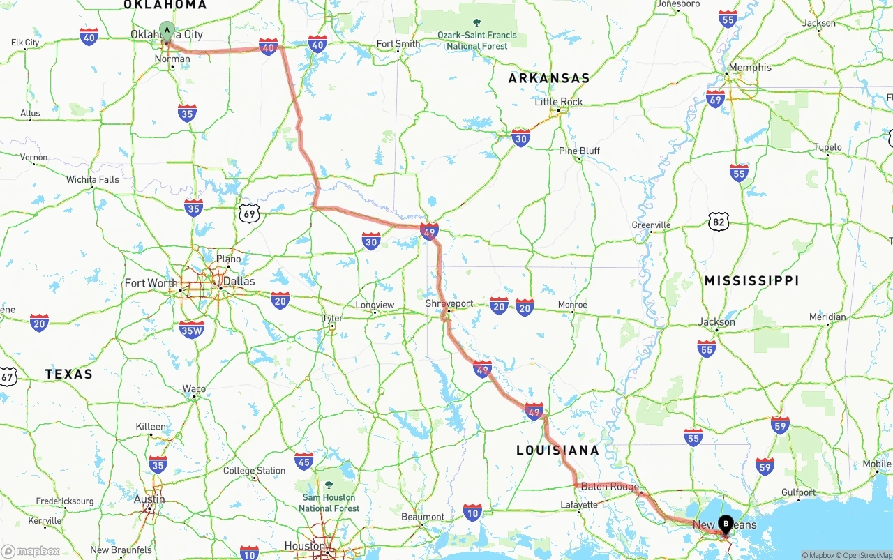 Shipping route from Oklahoma City to Port of New Orleans