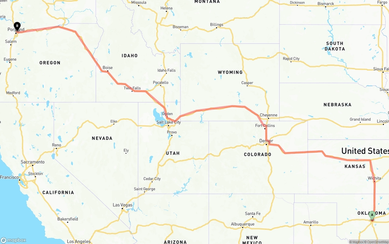 Shipping route from Oklahoma City to Port of Portland