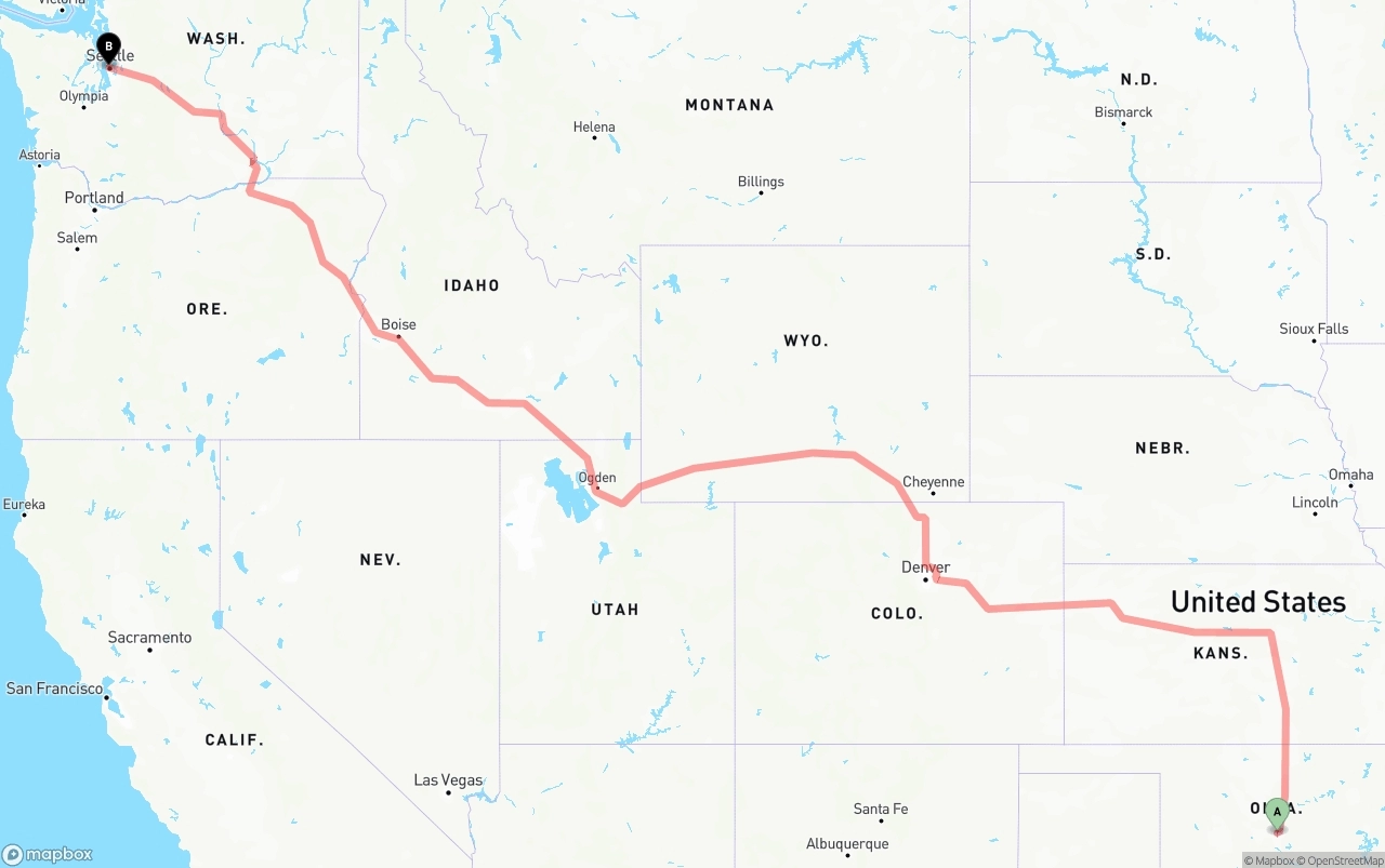 Shipping route from Oklahoma City to Port of Seattle