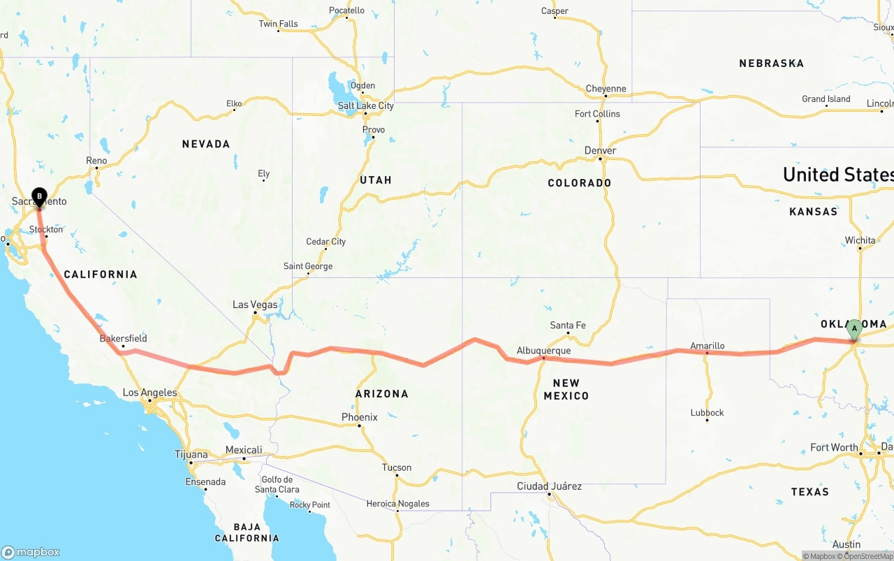 Shipping route from Oklahoma City to Sacramento