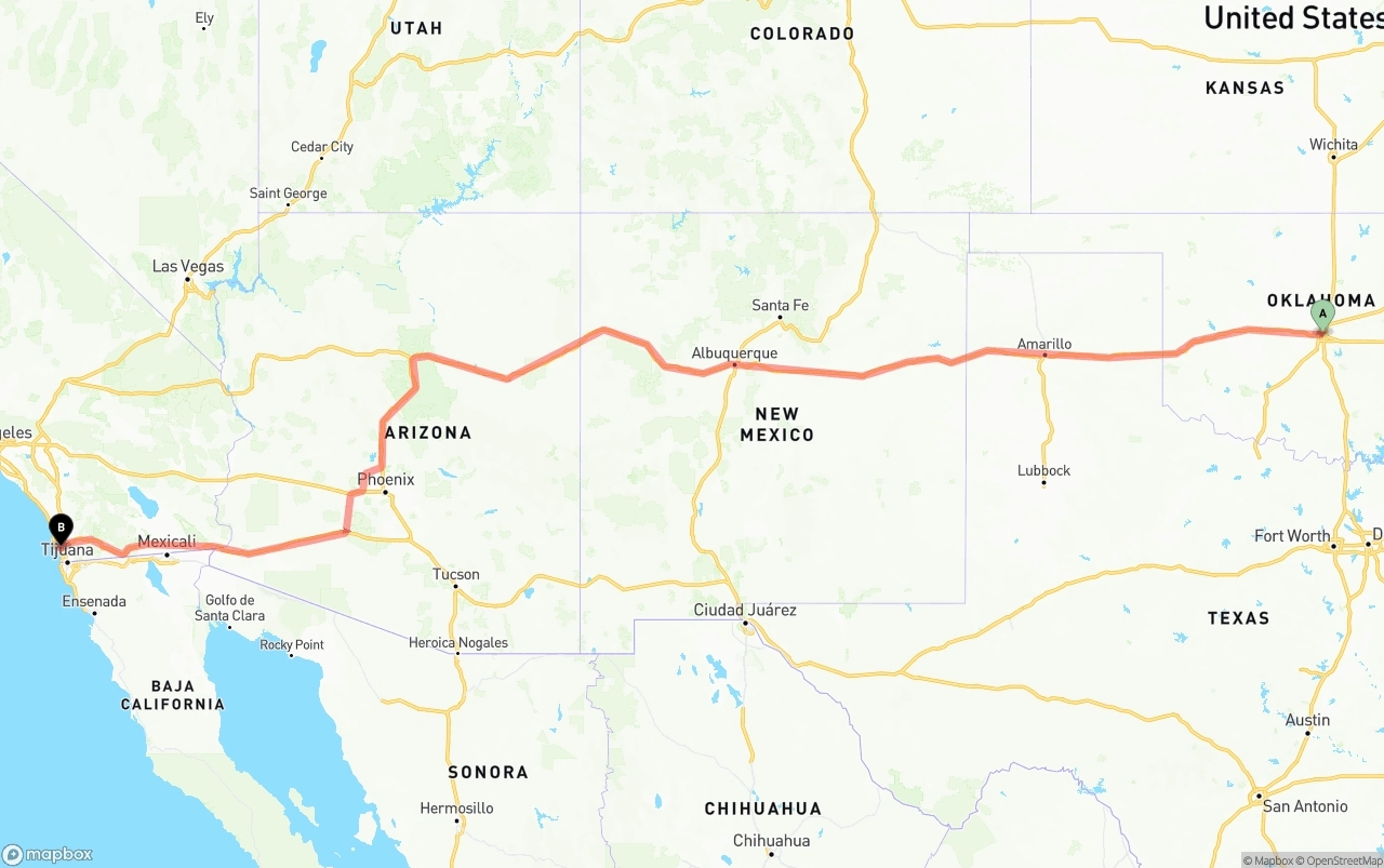 Shipping route from Oklahoma City to San Diego