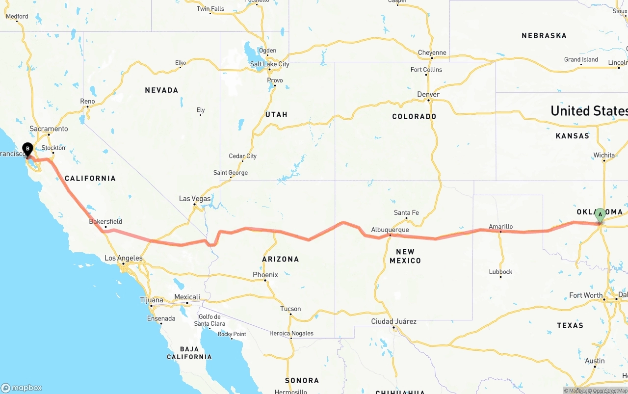 Shipping route from Oklahoma City to San Francisco