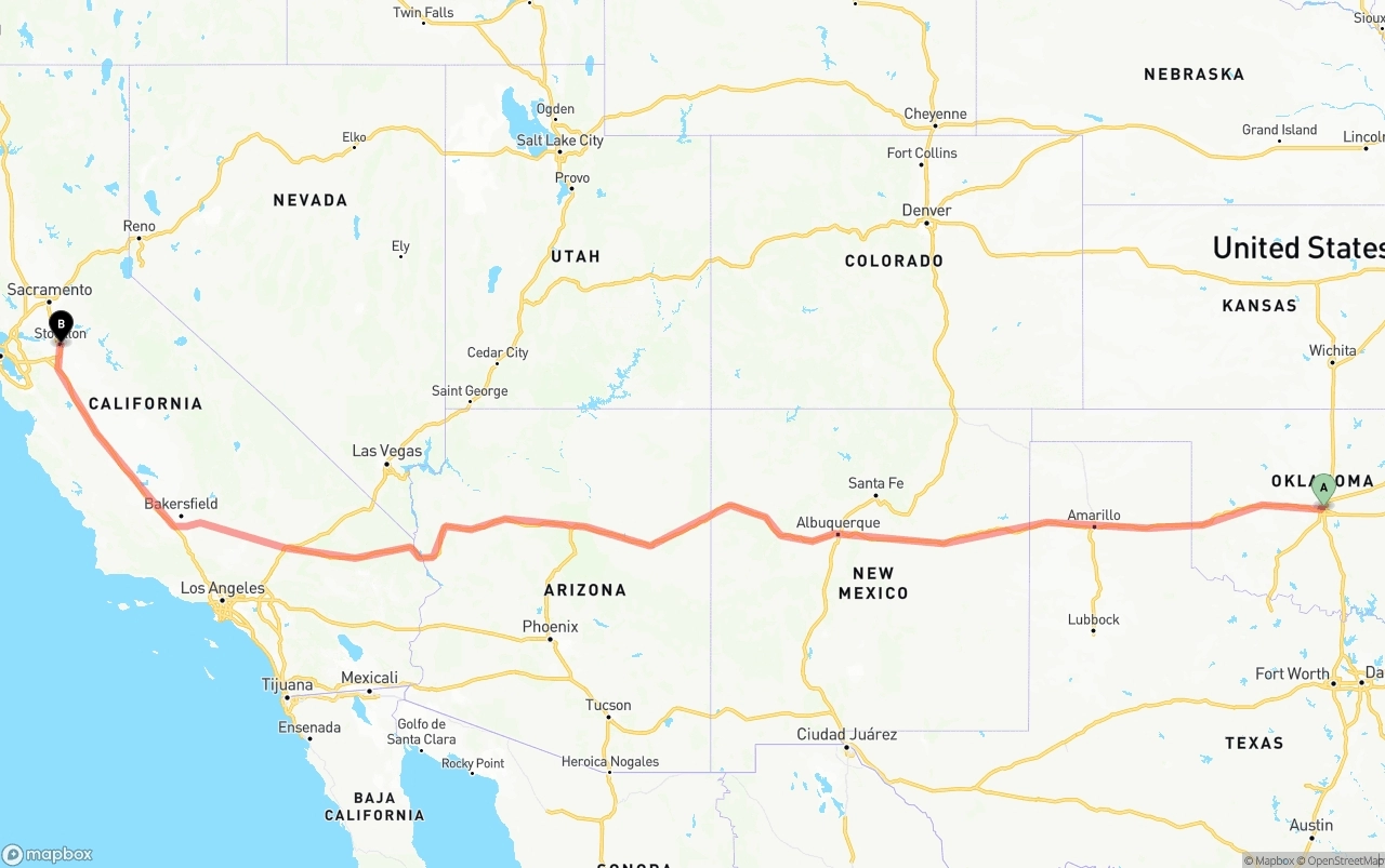 Shipping route from Oklahoma City to Stockton