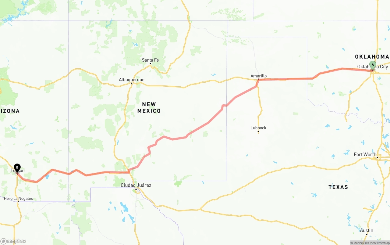 Shipping route from Oklahoma City to Tucson