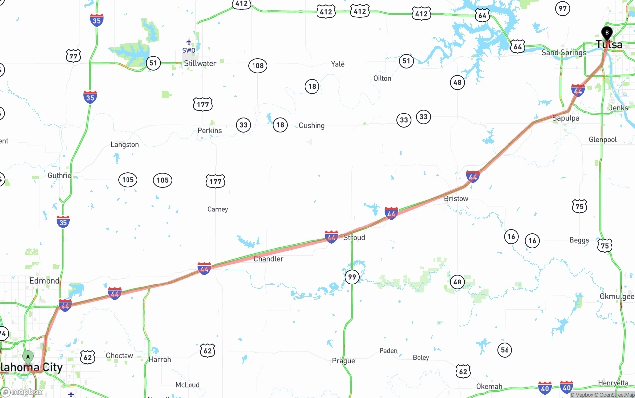 Shipping route from Oklahoma City to Tulsa