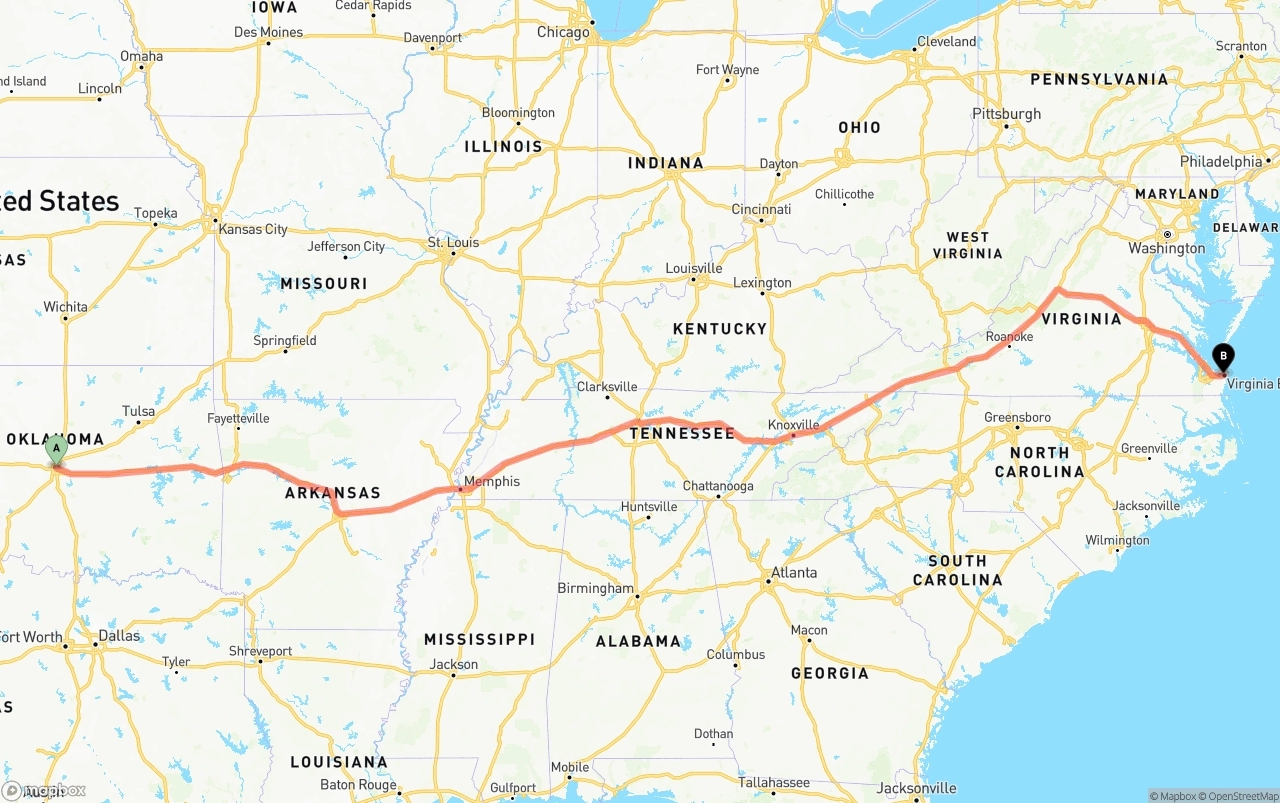 Shipping route from Oklahoma City to Virginia Beach