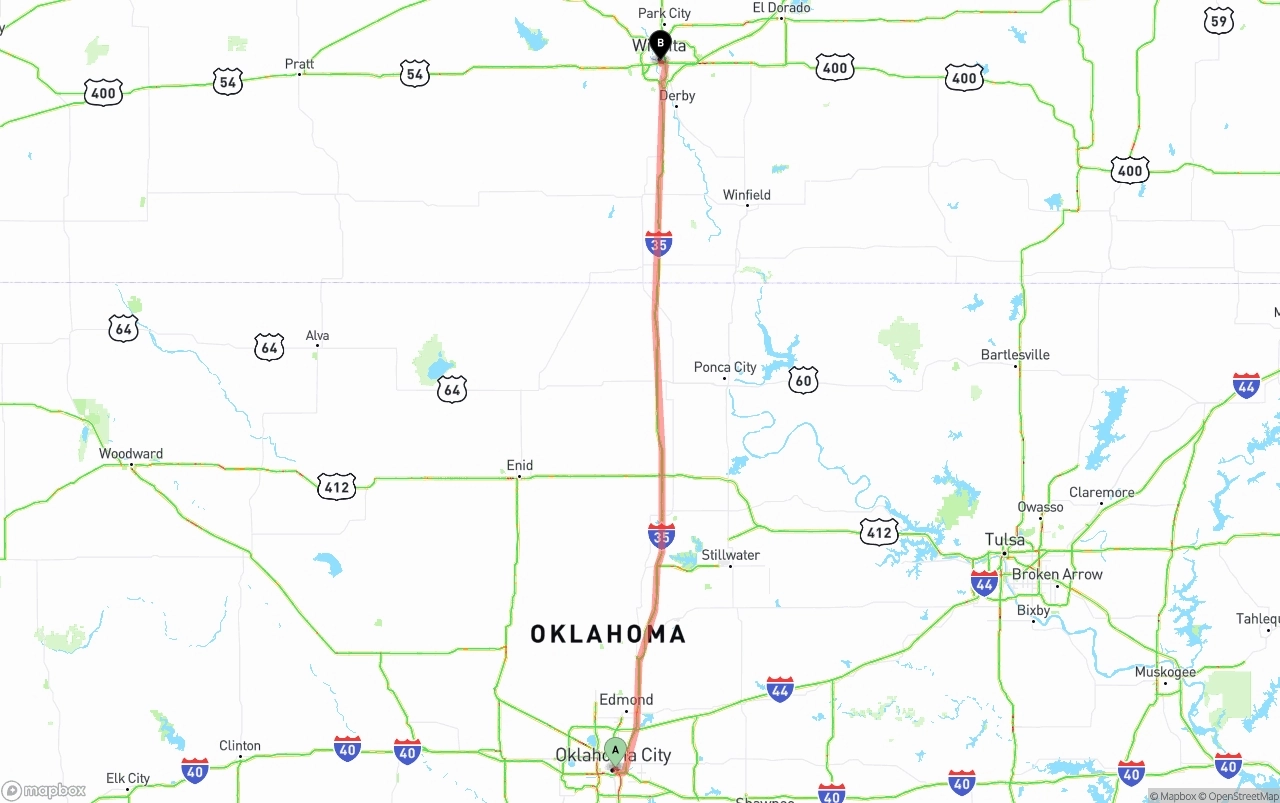 Shipping route from Oklahoma City to Wichita