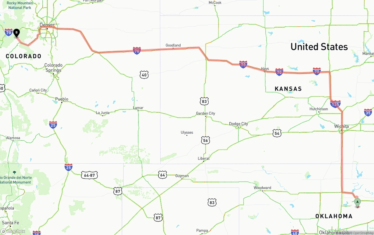 Shipping route from Oklahoma to Colorado