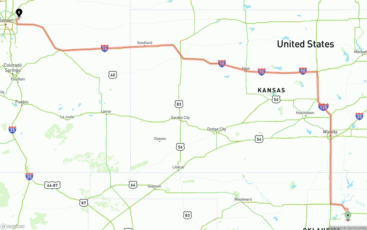 Shipping route from Oklahoma to Denver International Airport