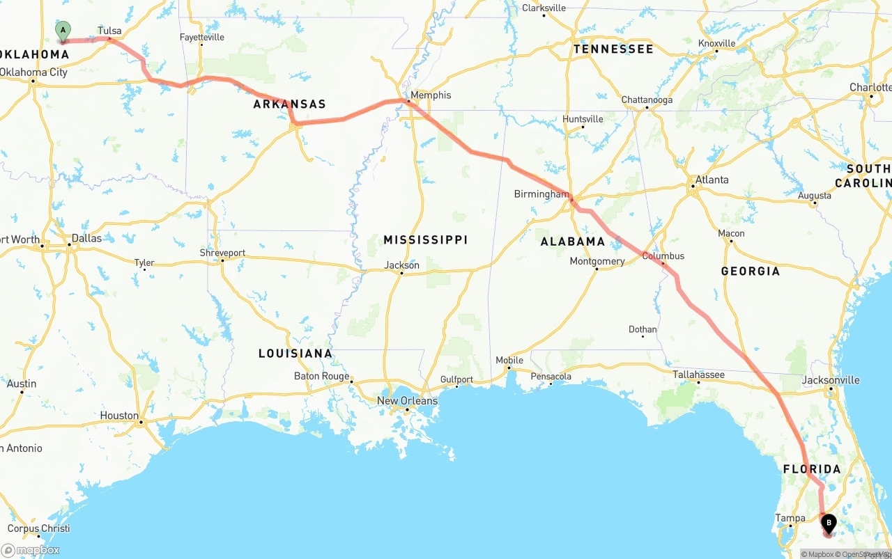 Shipping route from Oklahoma to Florida
