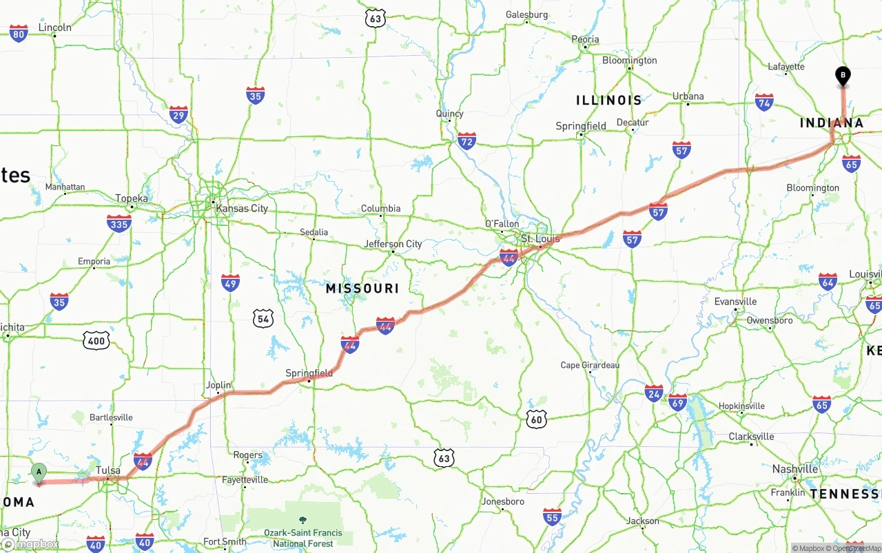 Shipping route from Oklahoma to Indiana