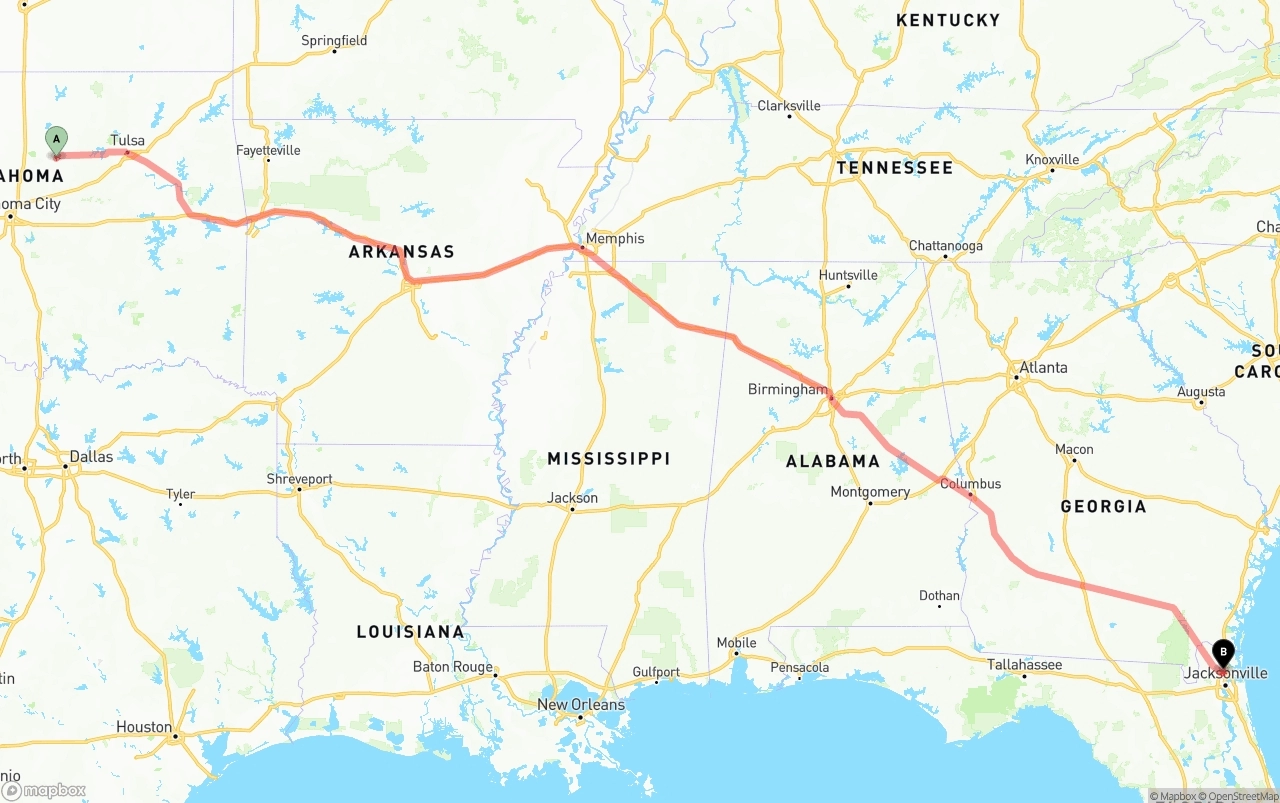 Shipping route from Oklahoma to Jacksonville International Airport