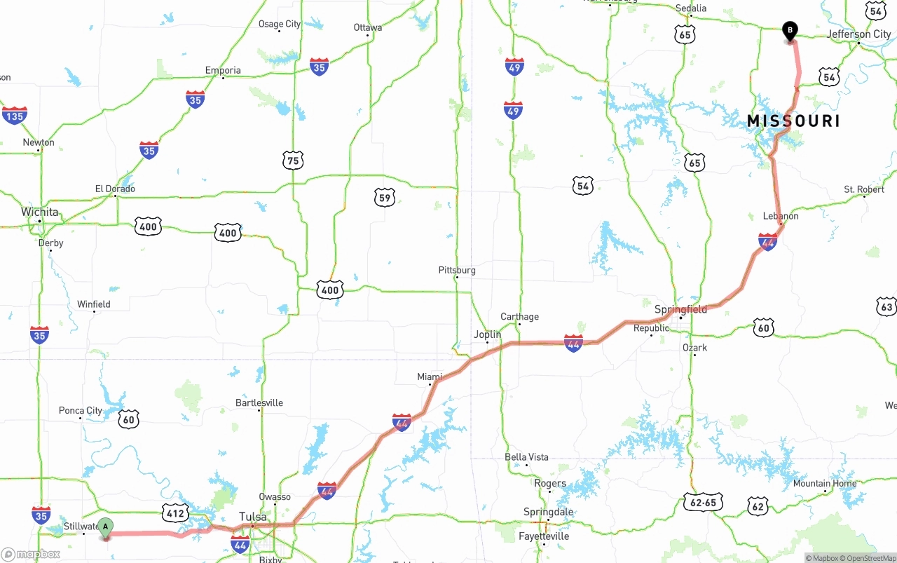 Shipping route from Oklahoma to Missouri